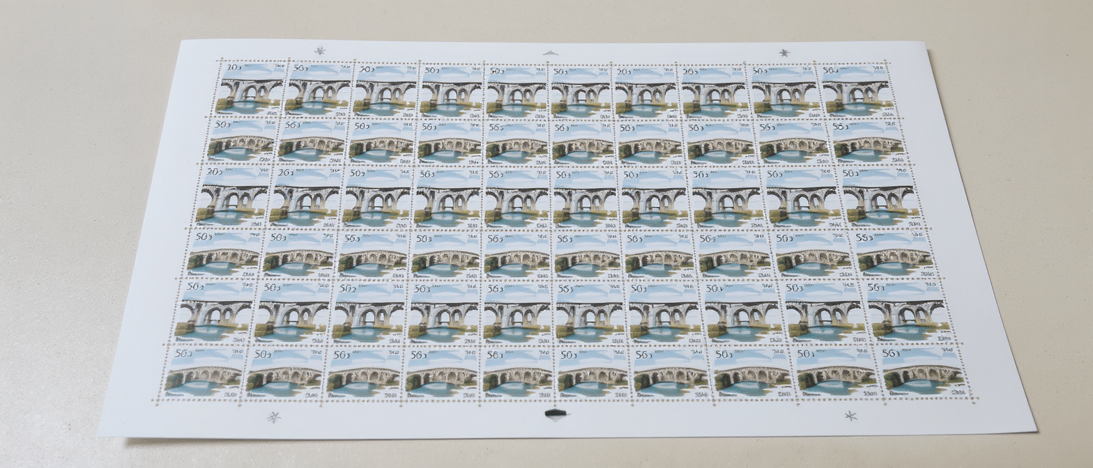 une feuille complète de 50 timbres « pont du gard » à 20 francs a été adjugée 15 774 euros lors d’une vente philatélique remarquable.